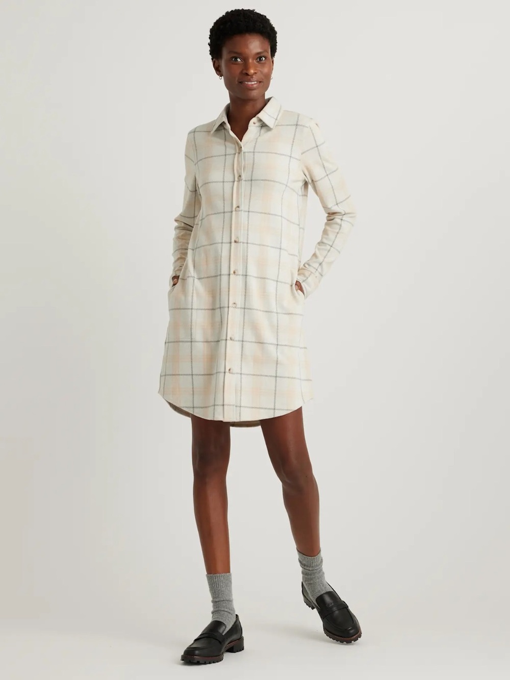Quince Stretch Sweater Fleece Shirtdress Oatmeal Check